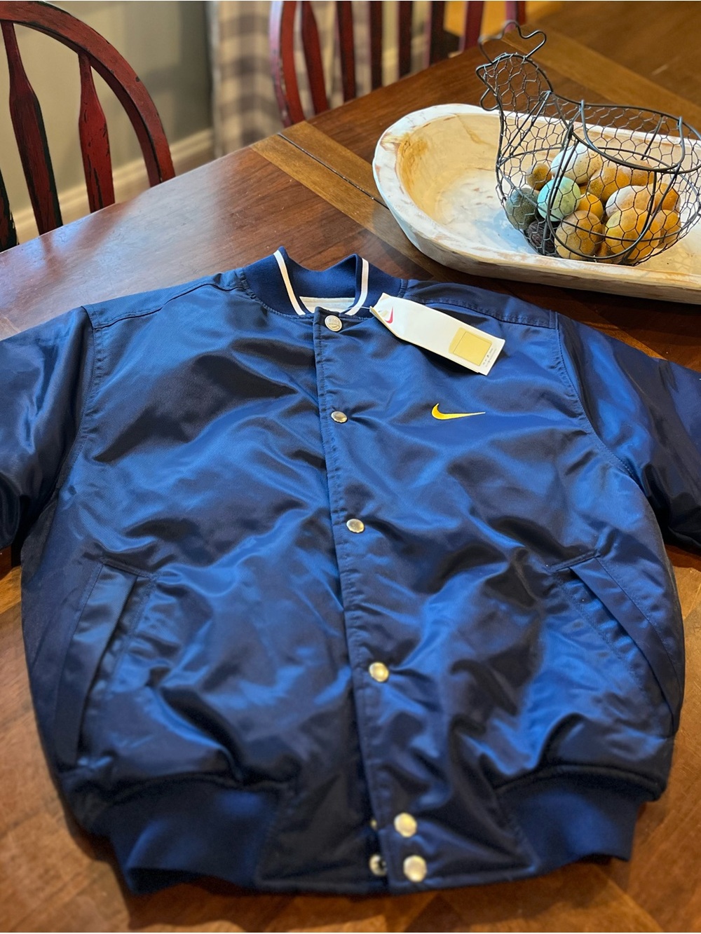Nike Blue Satin Bomber Jacket with Yellow Swoosh